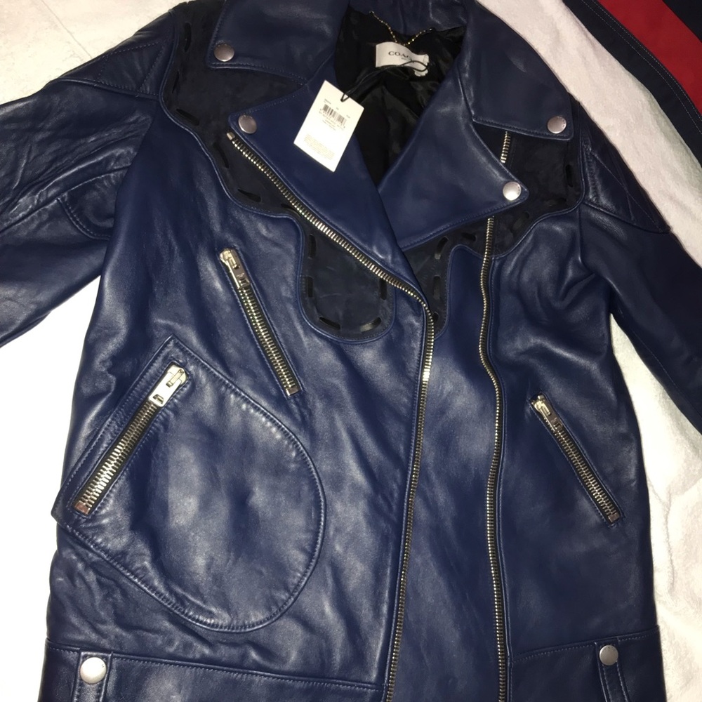 Blue leather coach jacket !! Open to offers. !